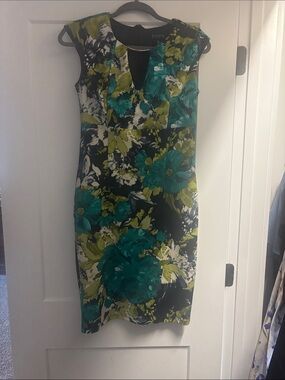 Enfocus Studio Teal and Olive Floral Midi Sheath Dress